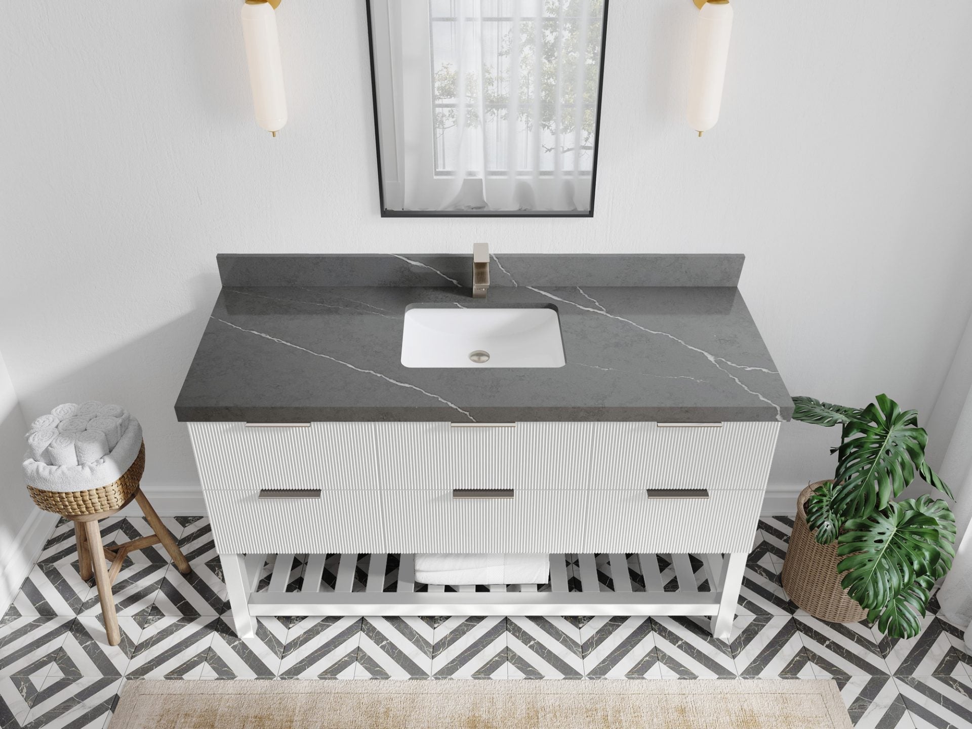 Catalina 60 in. W x 22 in. D Single Sink Bathroom Vanity in White with 2 in Piatra Gray Quartz Countertop - Top View