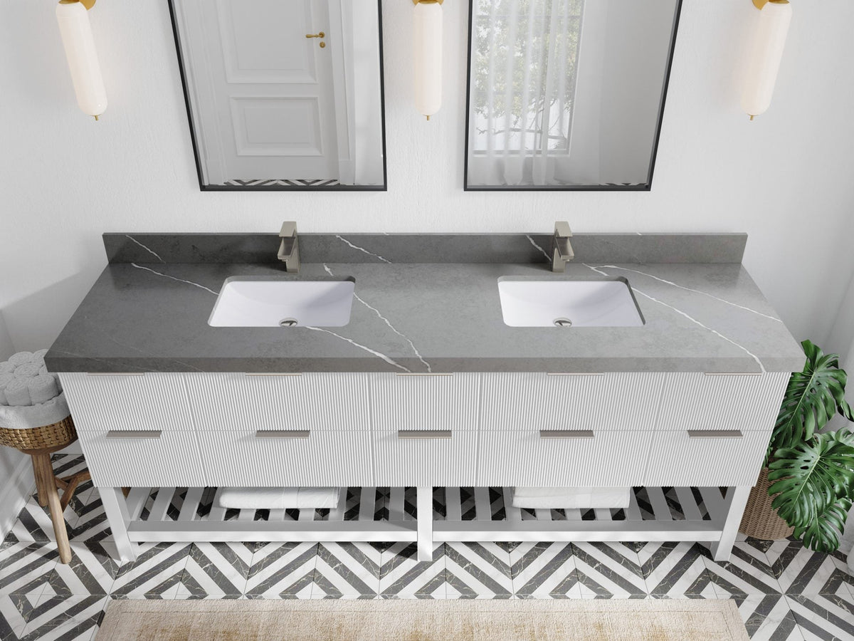 Catalina 84 in. W x 22 in. D Double Sink Bathroom Vanity in White with 2 in Piatra Gray Quartz Countertop - Top View