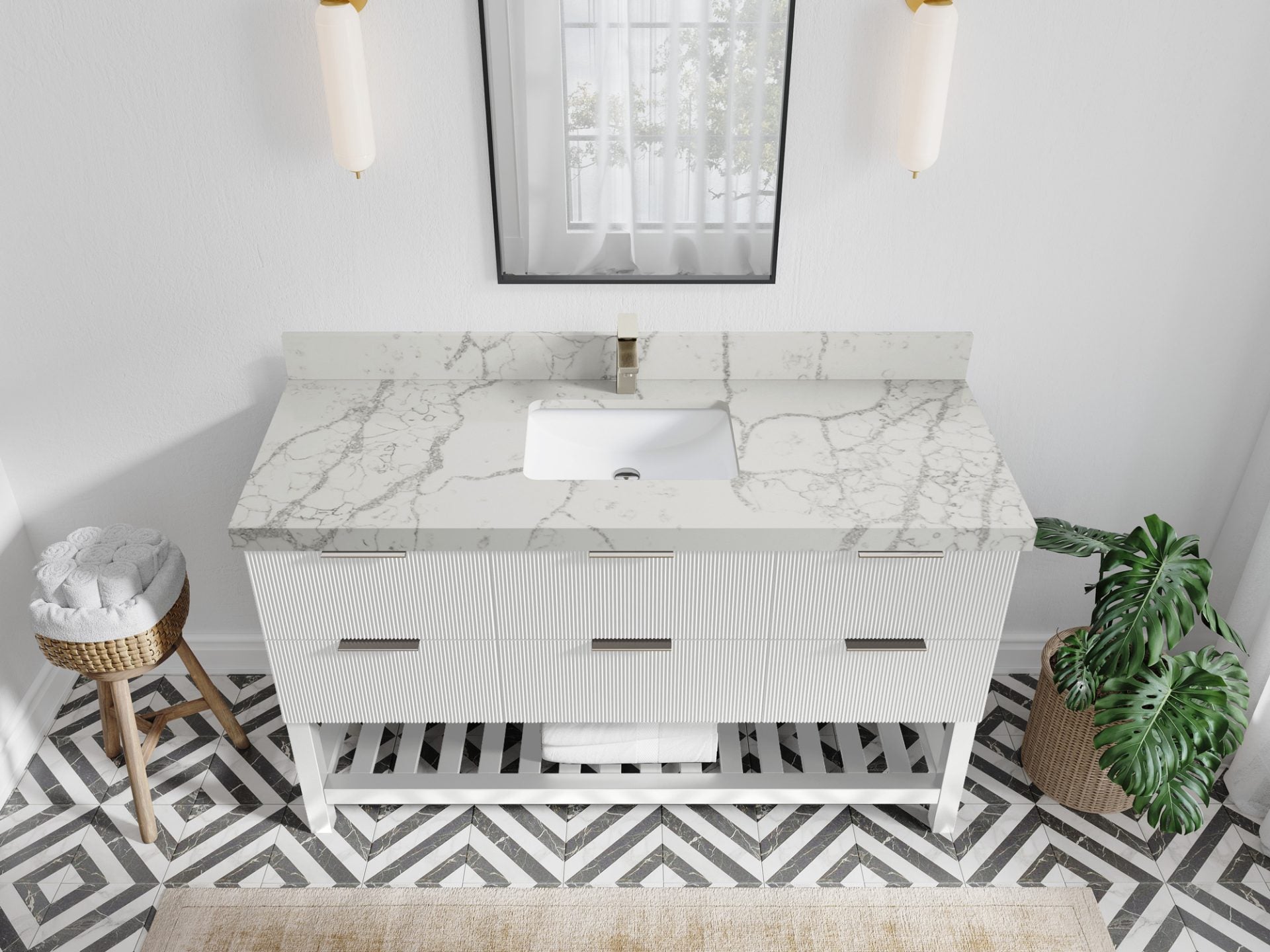 Catalina 60 in. W x 22 in. D Single Sink Bathroom Vanity in White with 2 in Venatino Quartz Countertop - Top View