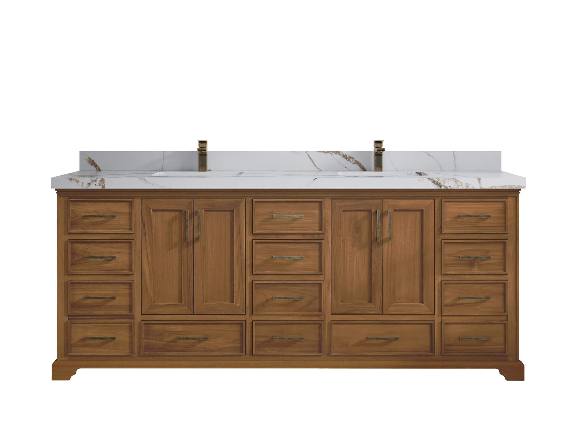 Charlotte Teak 84 in. W x 22 in. D Double Sink Bathroom Vanity in Dark Natural with 2 in Calacatta Gold Quartz Countertop