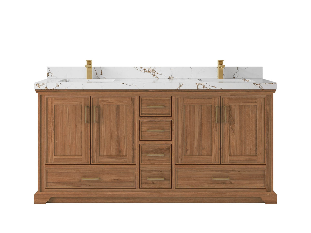 Charlotte Teak 72 in. W x 22 in. D Double Sink Bathroom Vanity in Dark Natural with 2 in Viola Brown Quartz Countertop