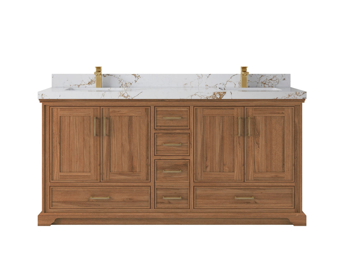 Charlotte Teak 72 in. W x 22 in. D Double Sink Bathroom Vanity in Dark Natural with 2 in Viola Gold Quartz Countertop