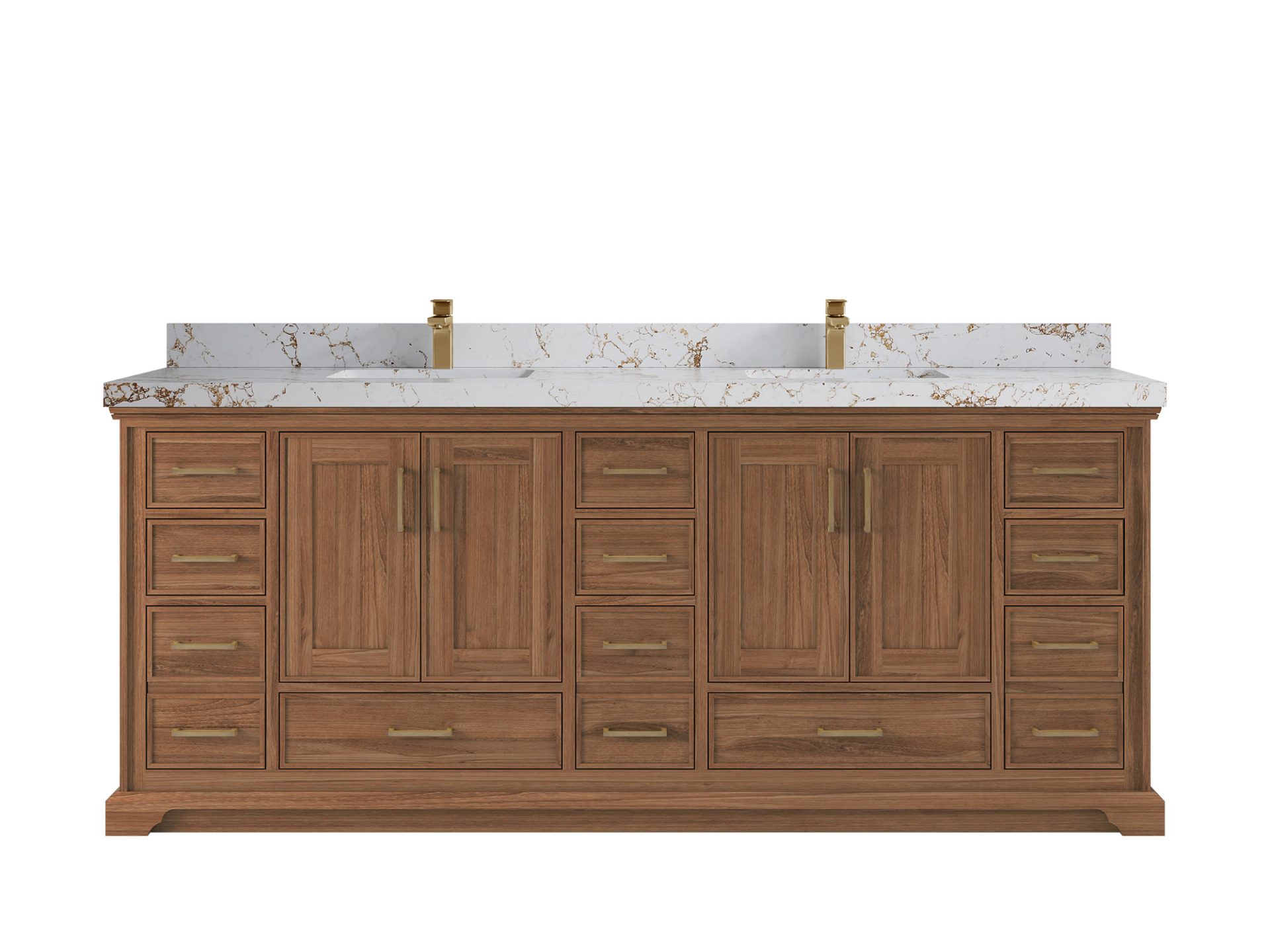Charlotte Teak 84 in. W x 22 in. D Double Sink Bathroom Vanity in Dark Natural with 2 in Viola Gold Quartz Countertop
