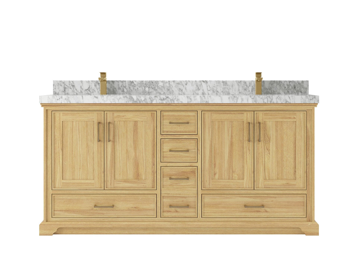 Charlotte Teak 72 in. W x 22 in. D Double Sink Bathroom Vanity in Light Natural with 2 in Carrara Marble Countertop