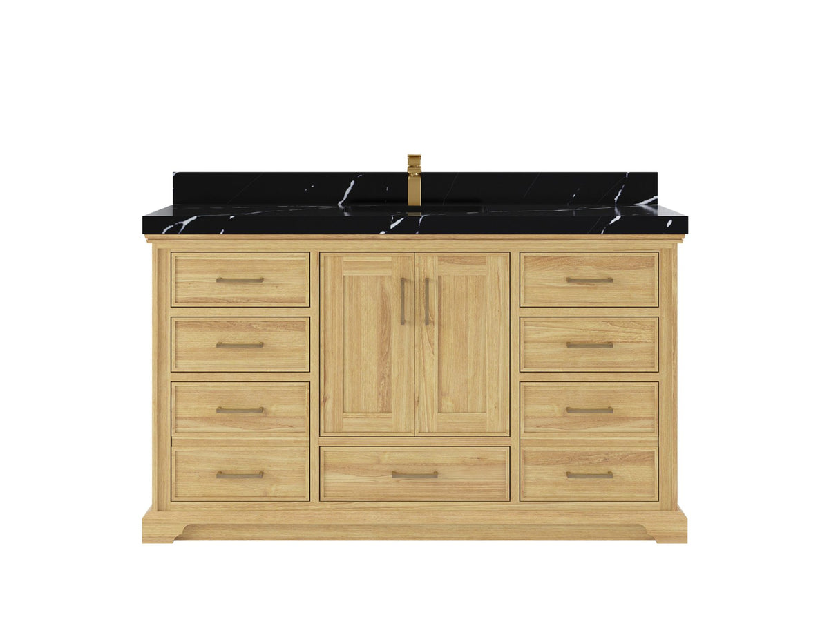 Charlotte Teak 60 in. W x 22 in. D Single Sink Bathroom Vanity in Light Natural with 2 in Calacatta Black Quartz Countertop