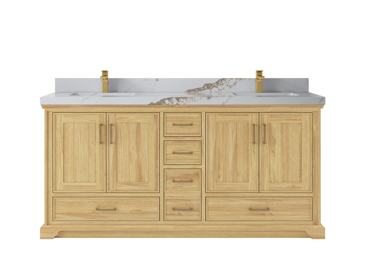 Charlotte Teak 72 in. W x 22 in. D Double Sink Bathroom Vanity in Light Natural with 2 in Calacatta Gold Quartz Countertop