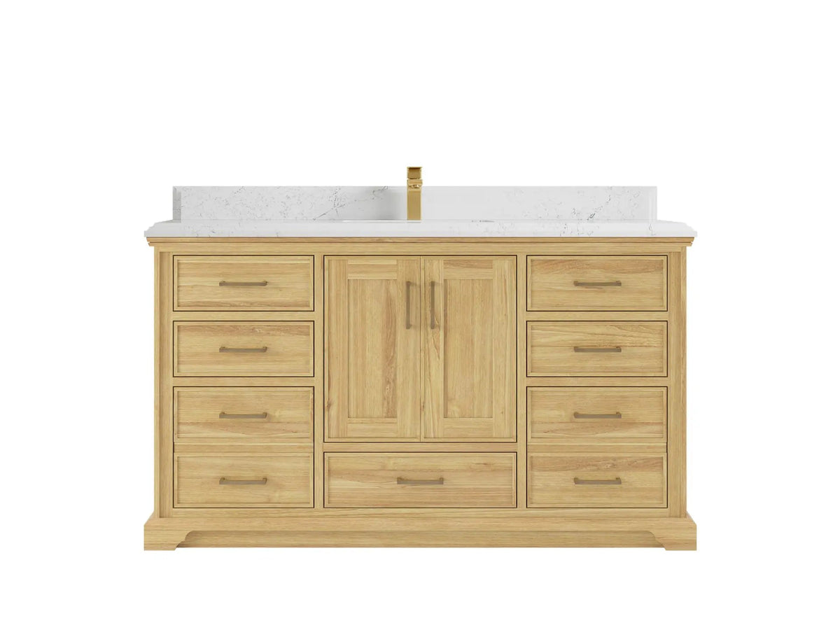 Charlotte Teak 60 in. W x 22 in. D Single Sink Bathroom Vanity in Light Natural with 1.5 in Empira White Quartz Countertop