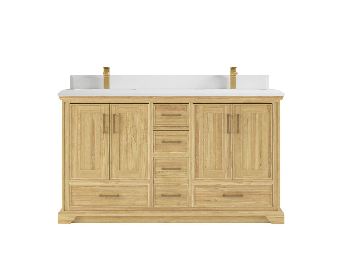 Charlotte Teak 60 in. W x 22 in. D Double Sink Bathroom Vanity in Light Natural with 1.5 in White Quartz Countertop