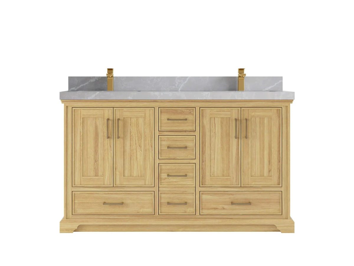 Charlotte Teak 60 in. W x 22 in. D Double Sink Bathroom Vanity in Light Natural with 2 in Pearl Light Gray Quartz Countertop