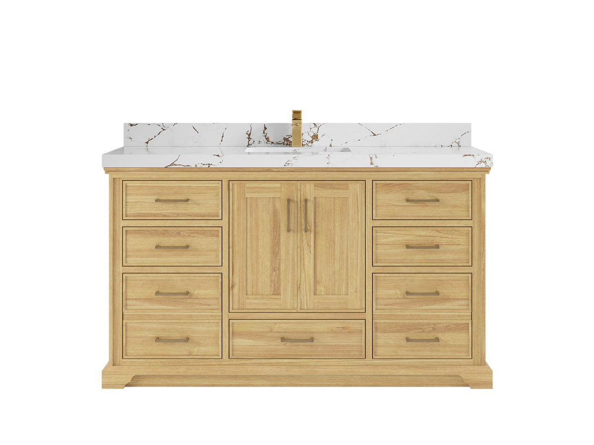Charlotte Teak 60 in. W x 22 in. D Single Sink Bathroom Vanity in Light Natural with 2 in Viola Brown Quartz Countertop