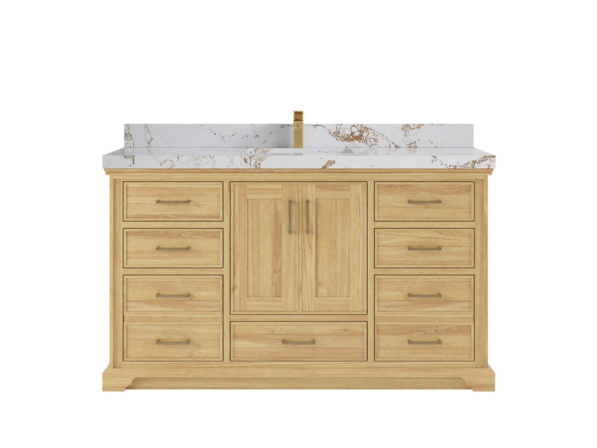 Charlotte Teak 60 in. W x 22 in. D Single Sink Bathroom Vanity in Light Natural with 2 in Viola Gold Quartz Countertop