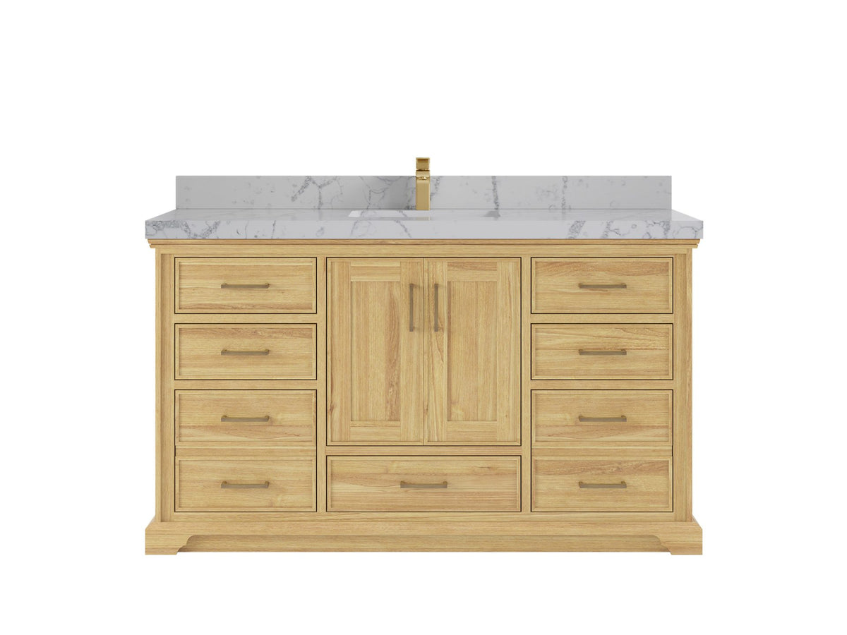 Charlotte Teak 60 in. W x 22 in. D Single Sink Bathroom Vanity in Light Natural with 2 in Venatino Quartz Countertop