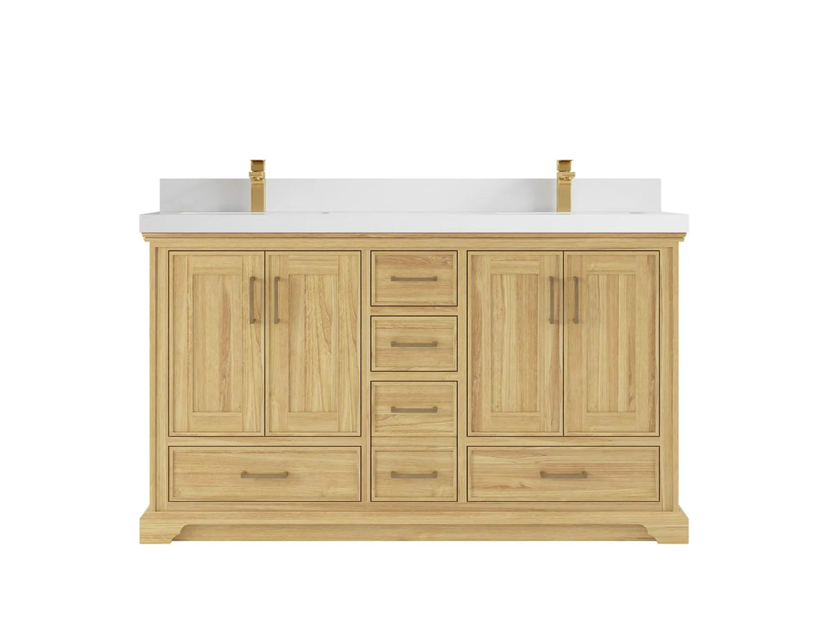 Charlotte Teak 60 in. W x 22 in. D Double Sink Bathroom Vanity in Light Natural with 2 in White Quartz Countertop