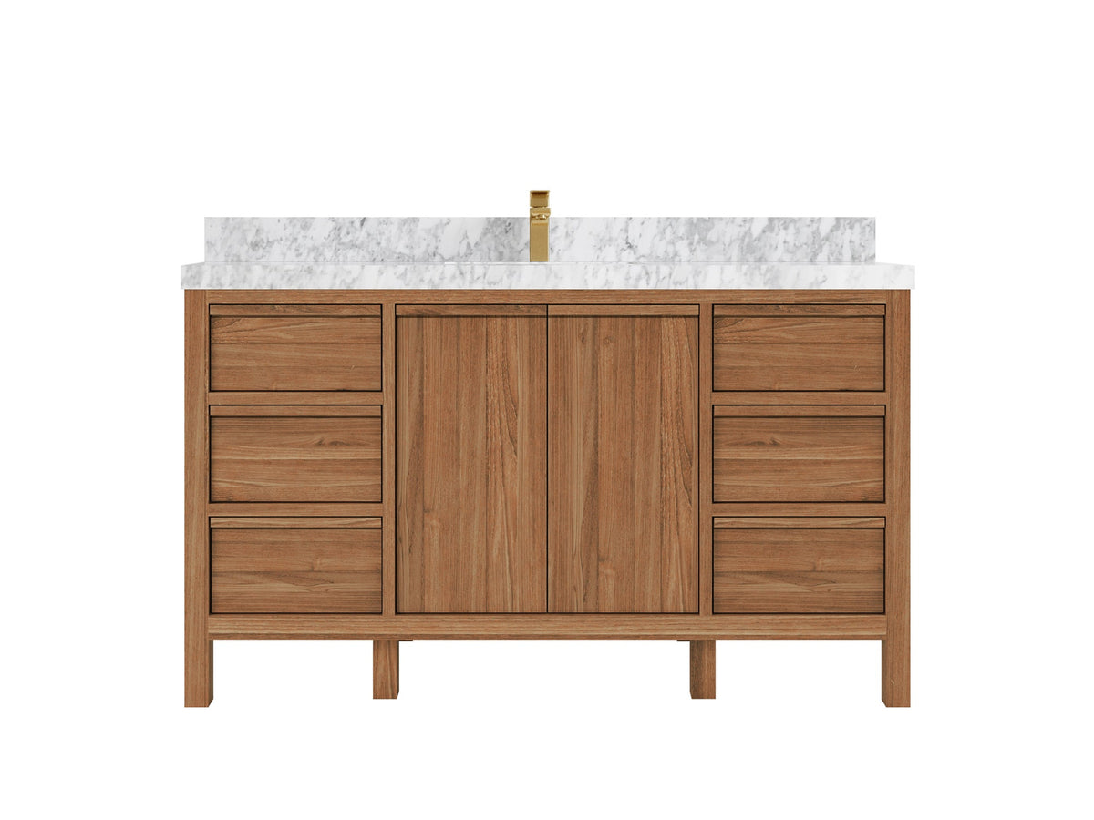 Elizabeth Teak 60 in. W x 22 in. D Single Sink Bathroom Vanity in Dark Natural with 2 in Carrara Marble Countertop