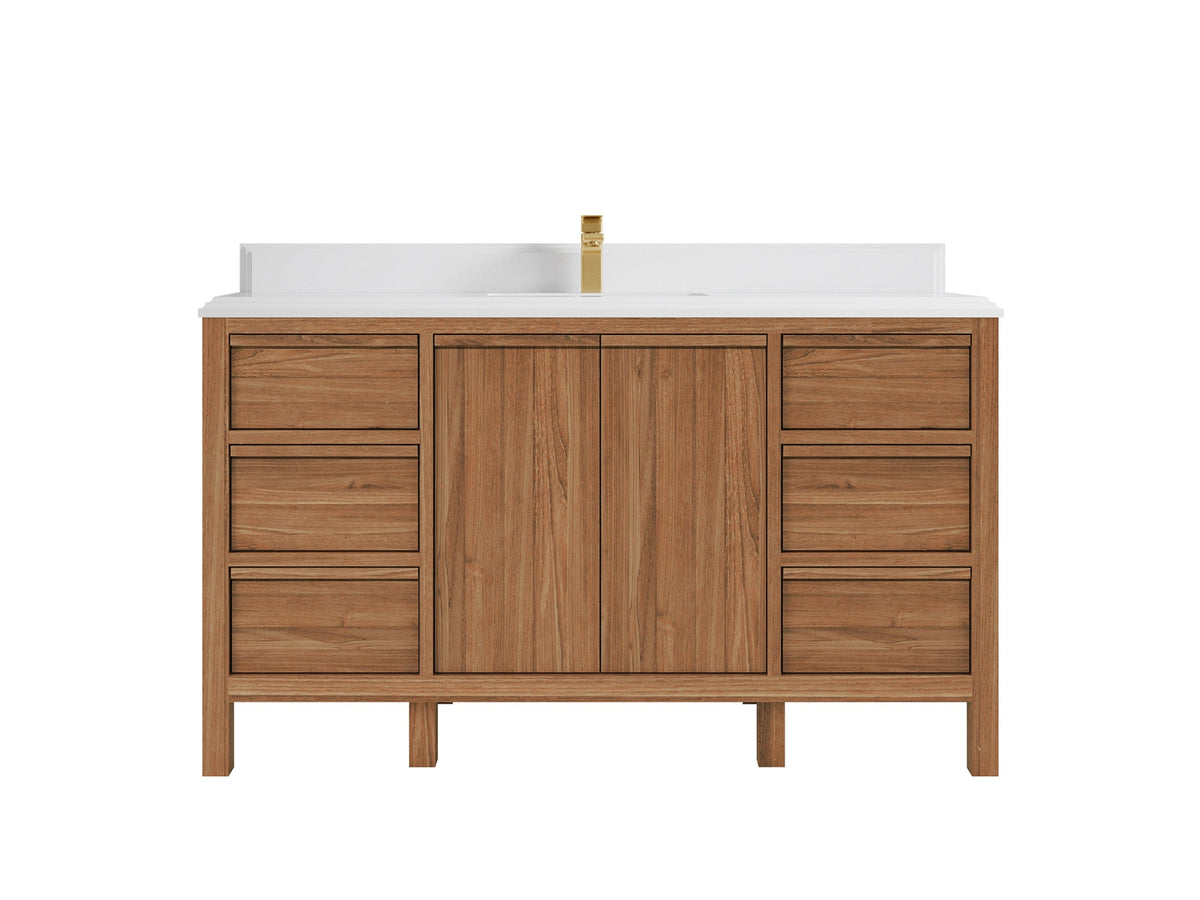 Elizabeth Teak 60 in. W x 22 in. D Single Sink Bathroom Vanity in Dark Natural with 1.5 in Double Cove Edge White Quartz Countertop