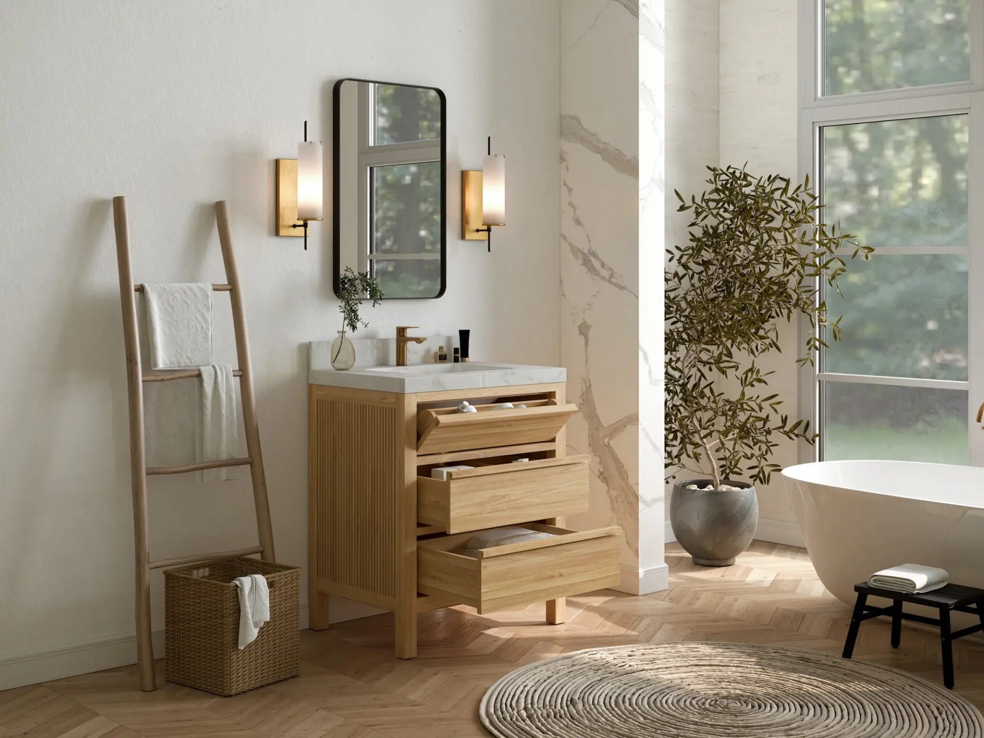 Elizabeth Teak 30 in. W x 22 in. D Single Sink Bathroom Vanity in Light Natural with Countertop - Side View Open Drawer