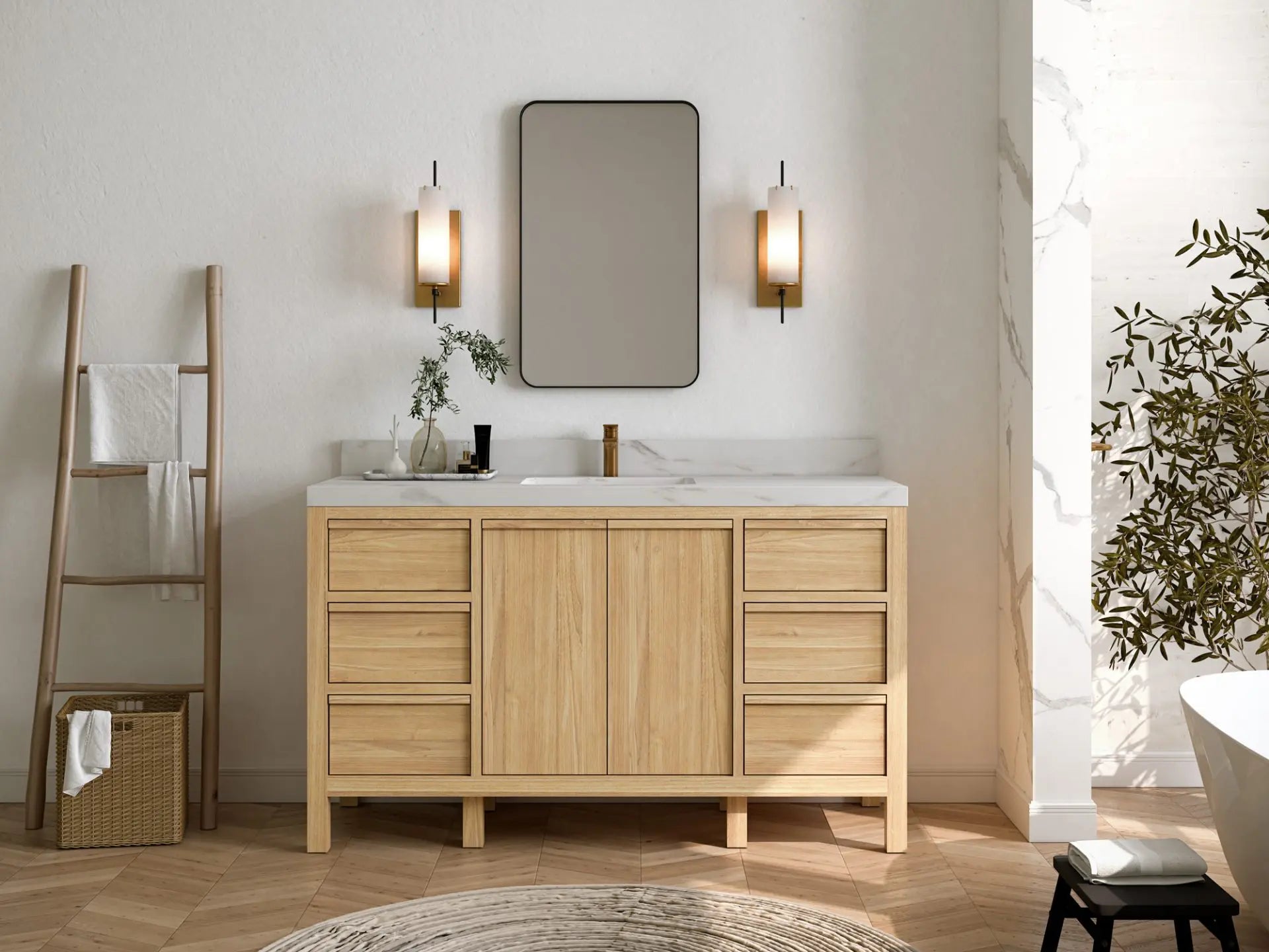 Elizabeth Teak 60 in. W x 22 in. D Single Sink Bathroom Vanity in Light Natural with Countertop - Full View