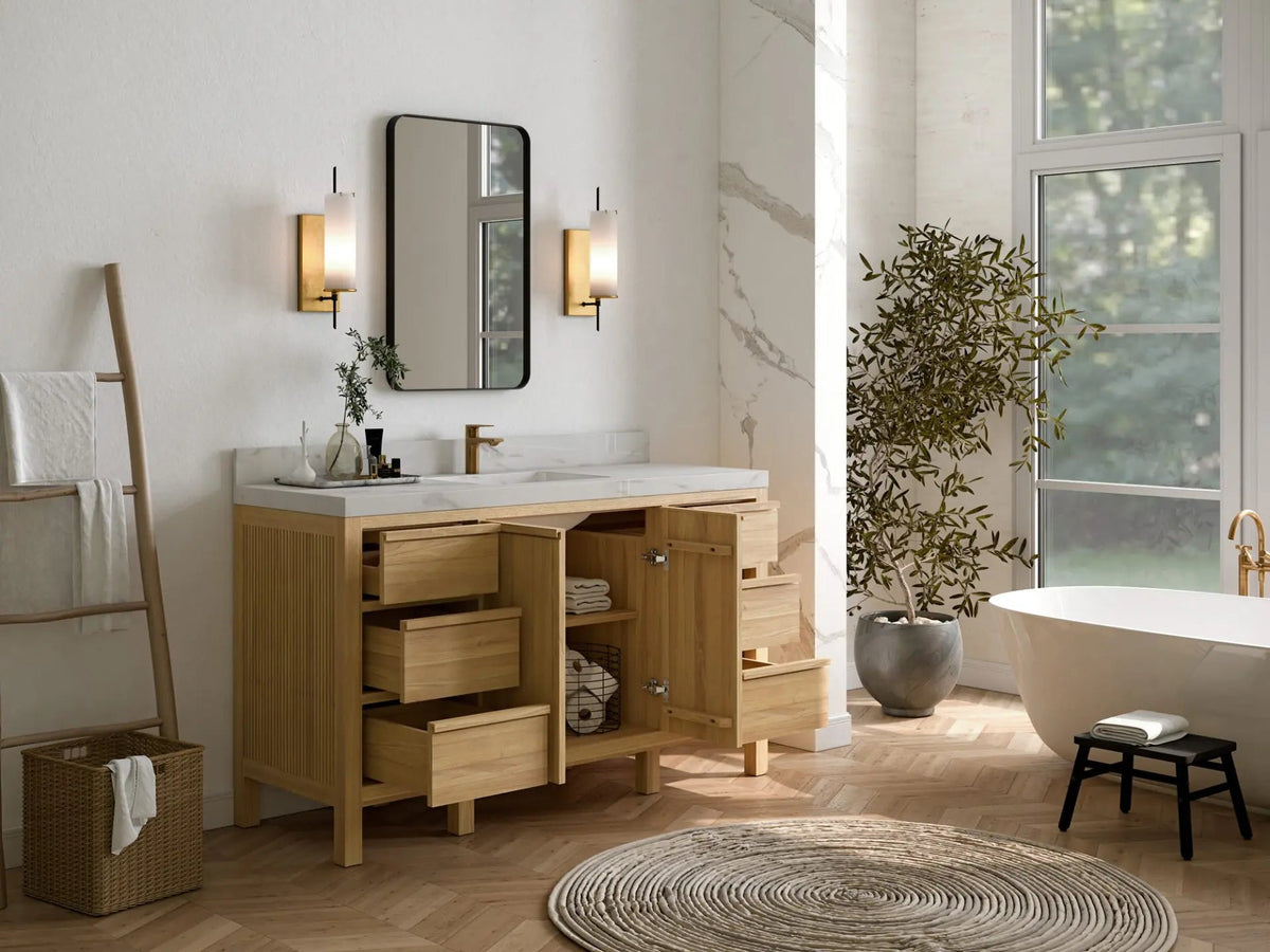Elizabeth Teak 60 in. W x 22 in. D Single Sink Bathroom Vanity in Light Natural with Countertop - Side View Open Drawer