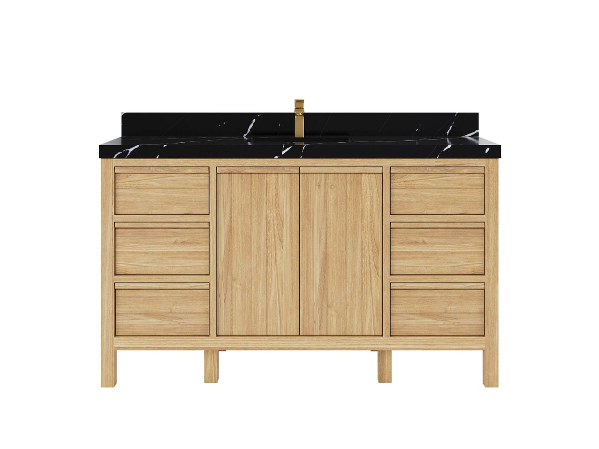Elizabeth Teak 60 in. W x 22 in. D Single Sink Bathroom Vanity in Light Natural with 2 in Calacatta Black Quartz Countertop