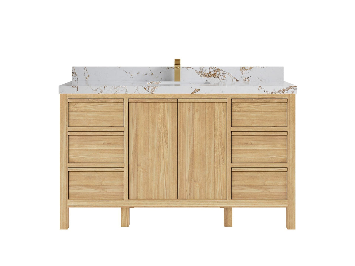 Elizabeth Teak 60 in. W x 22 in. D Single Sink Bathroom Vanity in Light Natural with 2 in Viola Gold Quartz Countertop