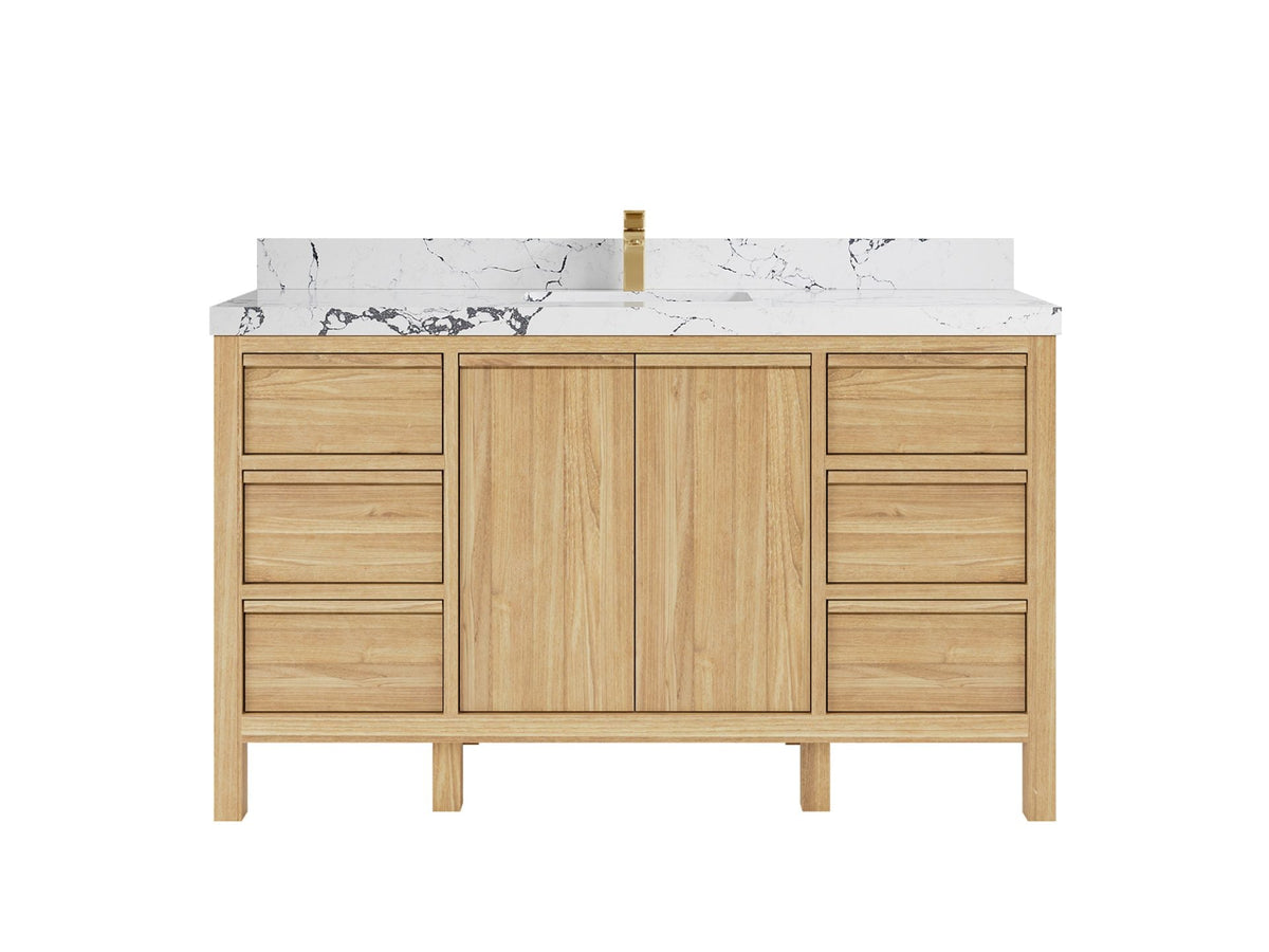 Elizabeth Teak 60 in. W x 22 in. D Single Sink Bathroom Vanity in Light Natural with 2 in Viola Night Quartz Countertop