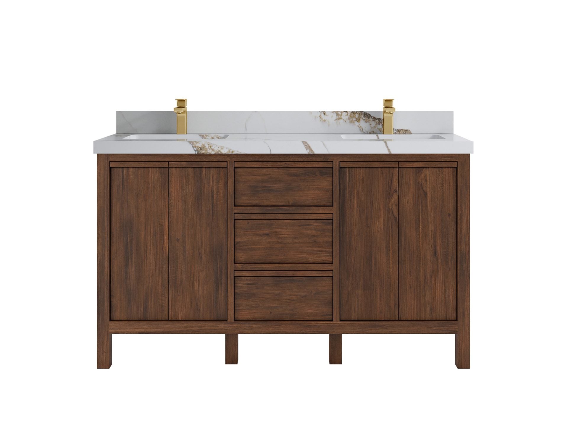 Elizabeth Teak 60 in. W x 22 in. D Double Sink Bathroom Vanity in Dark Walnut with 2 in Calacatta Gold Quartz Countertop