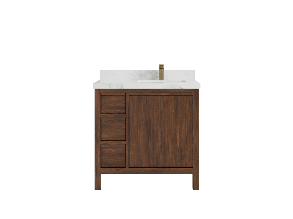 Elizabeth Teak 36 Right Offset in. W x 22 in. D Single Sink Bathroom Vanity in Dark Walnut with 2 in Calacatta Nuvo Quartz Countertop