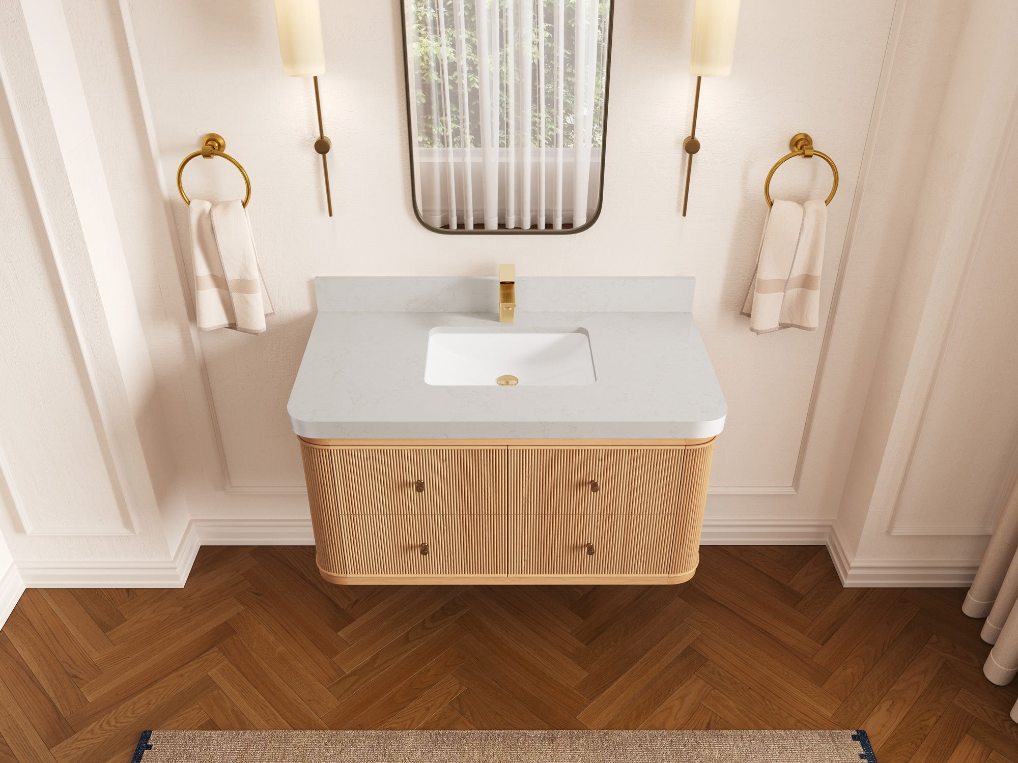 Hampton Floating White Oak 42 in. W x 22 in. D Single Sink Bathroom Vanity with 2 in Carrara Quartz Countertop - Top View