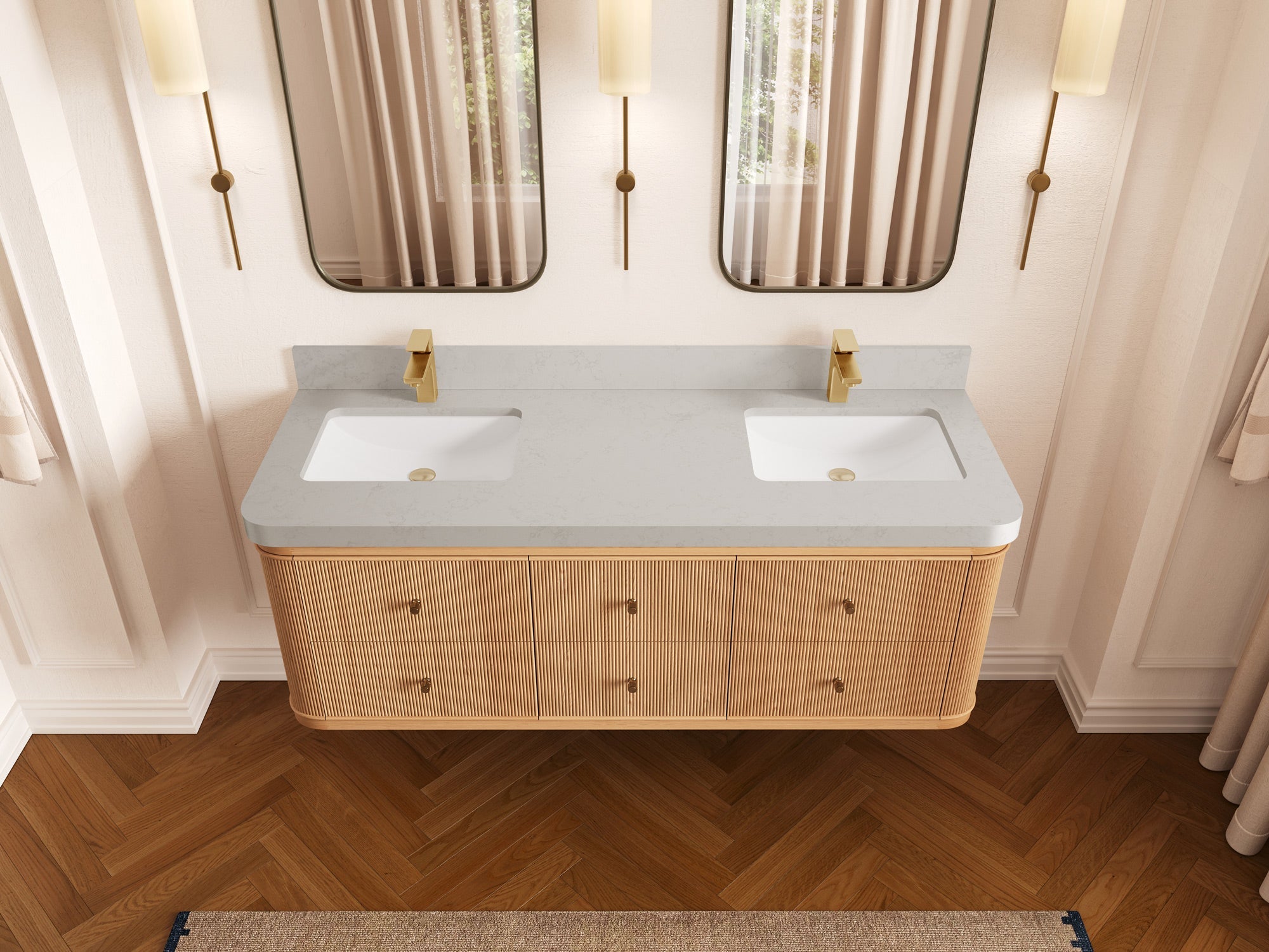 Hampton Floating White Oak 60 in. W x 22 in. D Double Sink Bathroom Vanity with 2 in Carrara Quartz Countertop - Top View