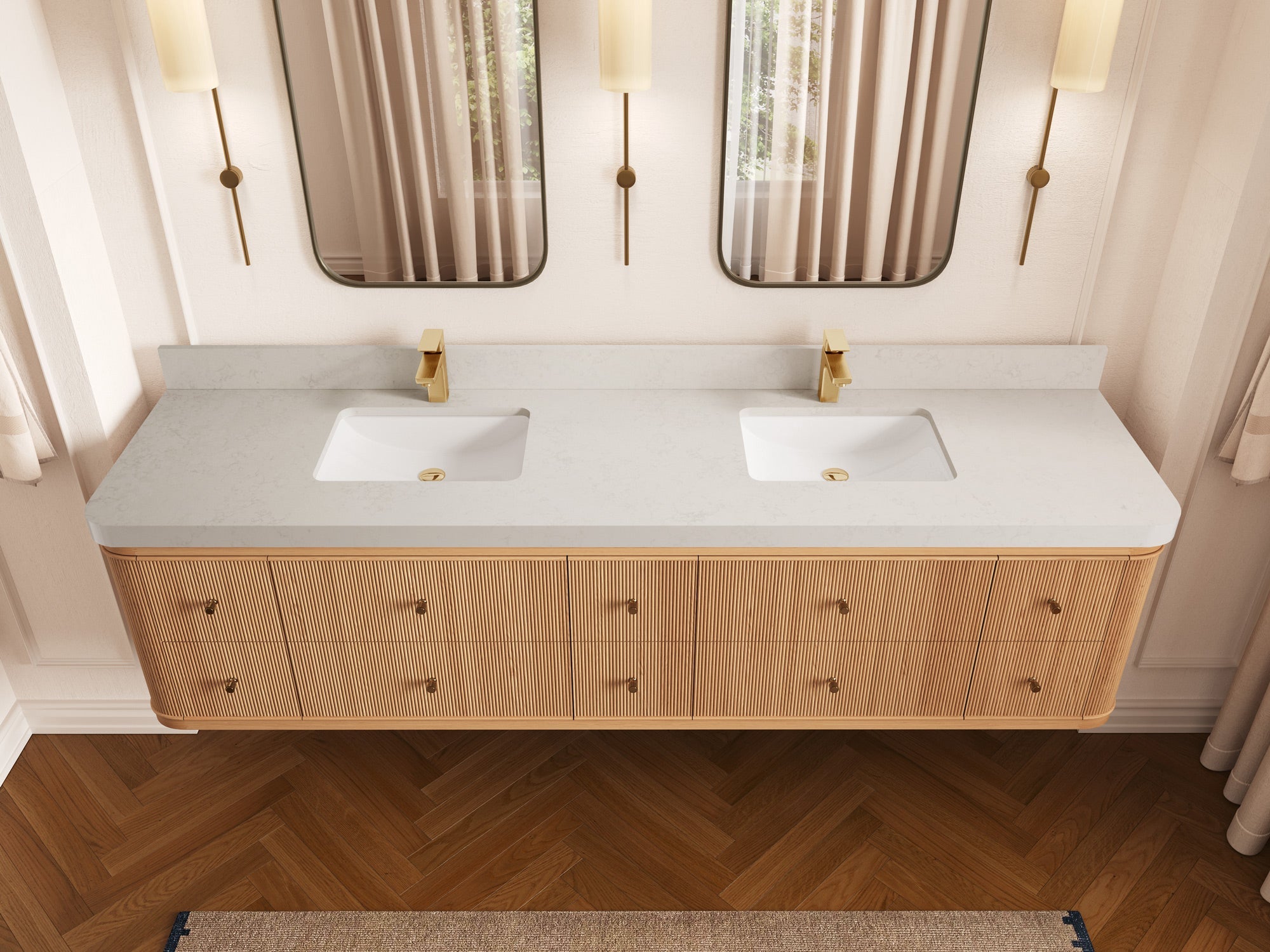 Hampton Floating White Oak 84 in. W x 22 in. D Double Sink Bathroom Vanity with 2 in Carrara Quartz Countertop - Top View