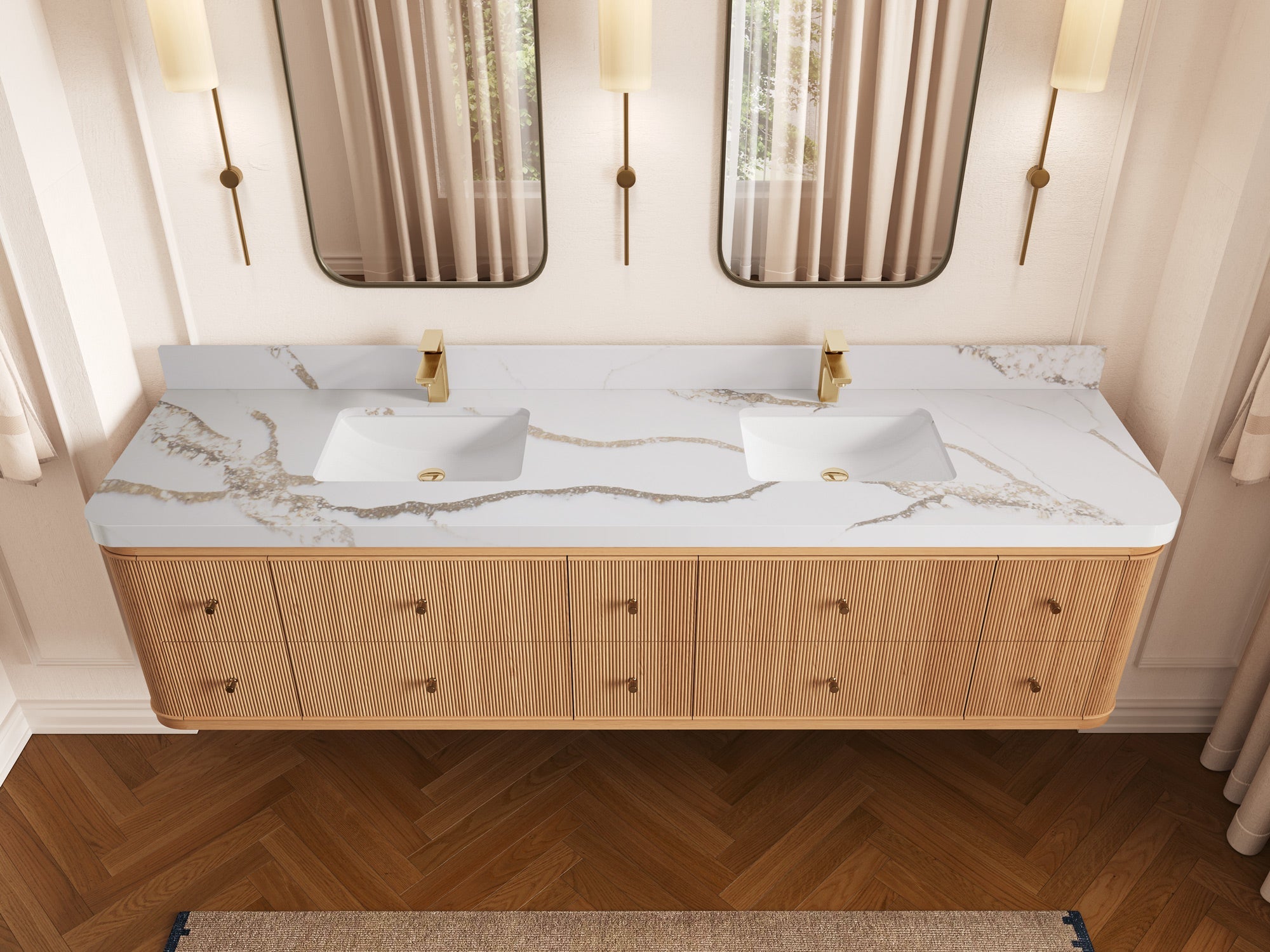Hampton Floating White Oak 84 in. W x 22 in. D Double Sink Bathroom Vanity with 2 in Calacatta Gold Quartz Countertop - Top View