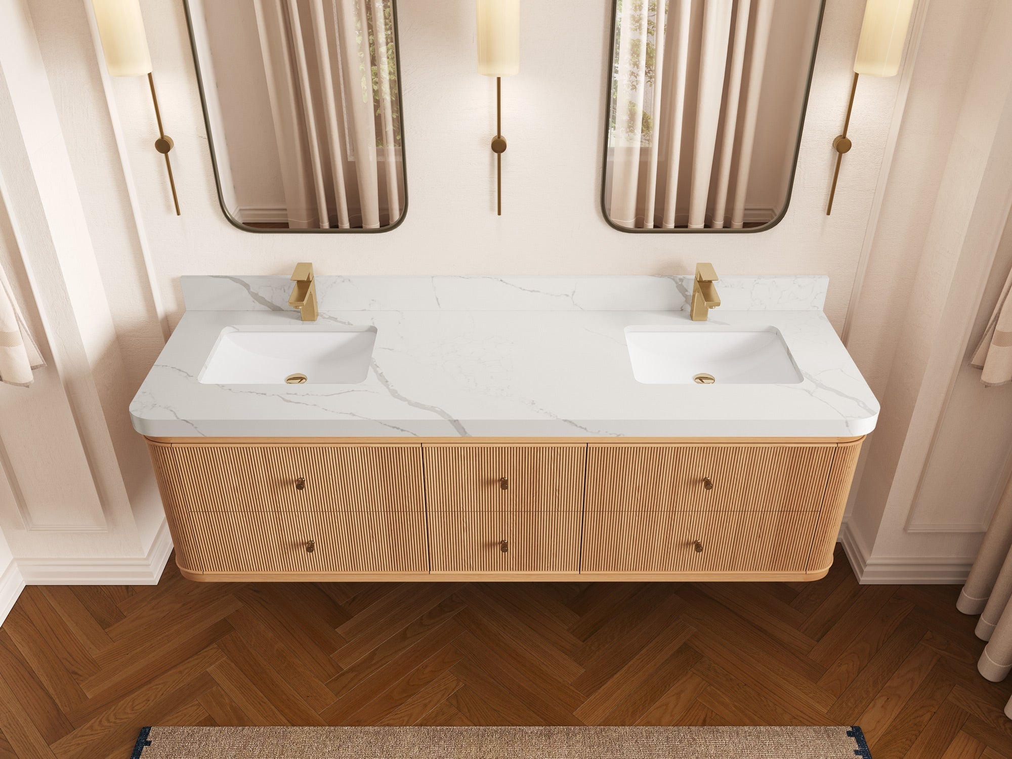 Hampton Floating White Oak 72 in. W x 22 in. D Double Sink Bathroom Vanity