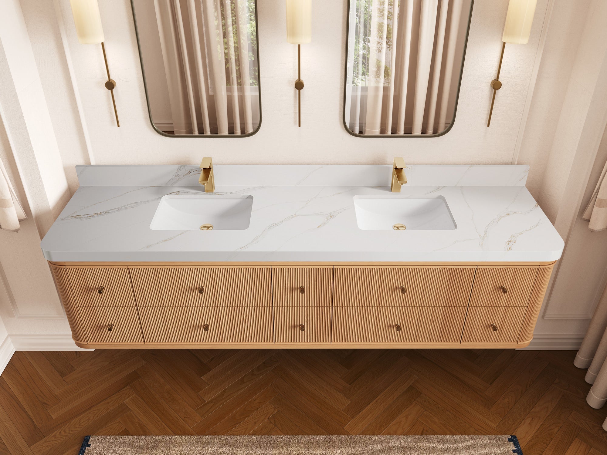 Hampton Floating White Oak 84 in. W x 22 in. D Double Sink Bathroom Vanity with 2 in Calacatta Sienna Quartz Countertop - Top View