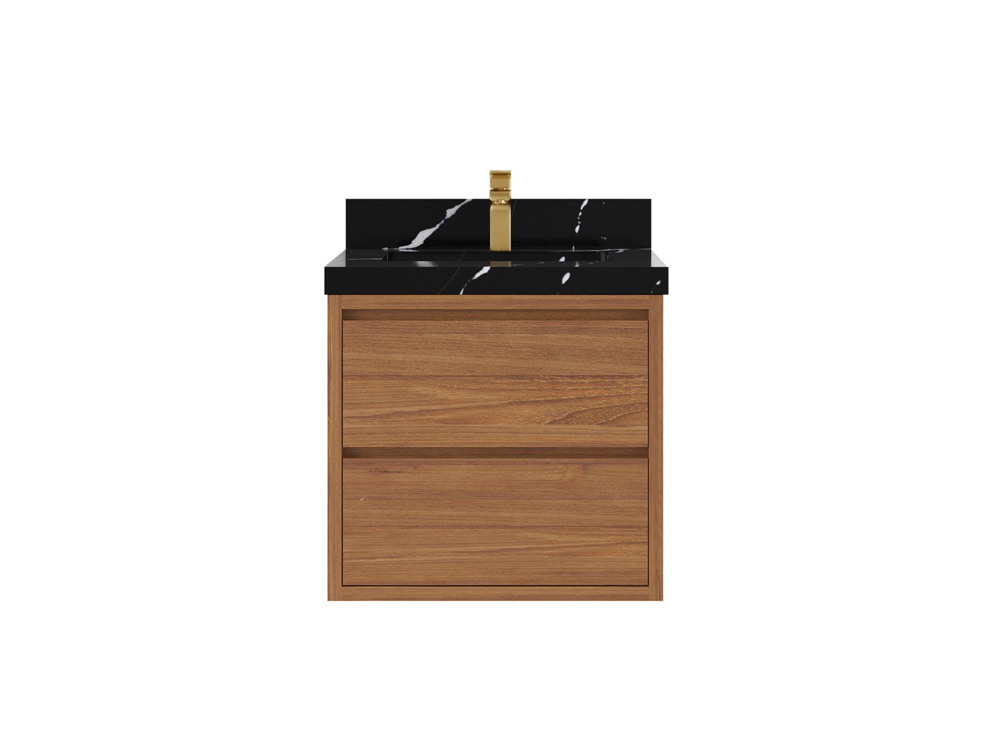 Madison Floating Teak 24 in. W x 22 in. D Single Sink Bathroom Vanity in Dark Natural with 2 in Calacatta Black Quartz Countertop