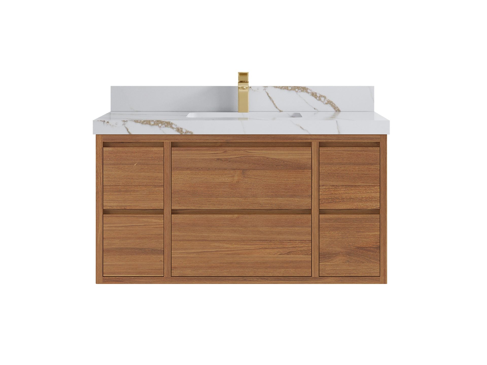 Madison Floating Teak 42 in. W x 22 in. D Single Sink Bathroom Vanity in Dark Natural with 2 in Calacatta Gold Quartz Countertop