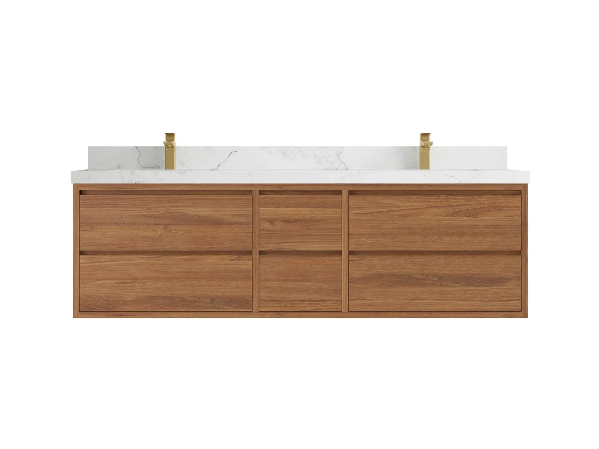Madison Floating Teak 72 in. W x 22 in. D Double Sink Bathroom Vanity in Dark Natural with 2 in Calacatta Nuvo Quartz Countertop