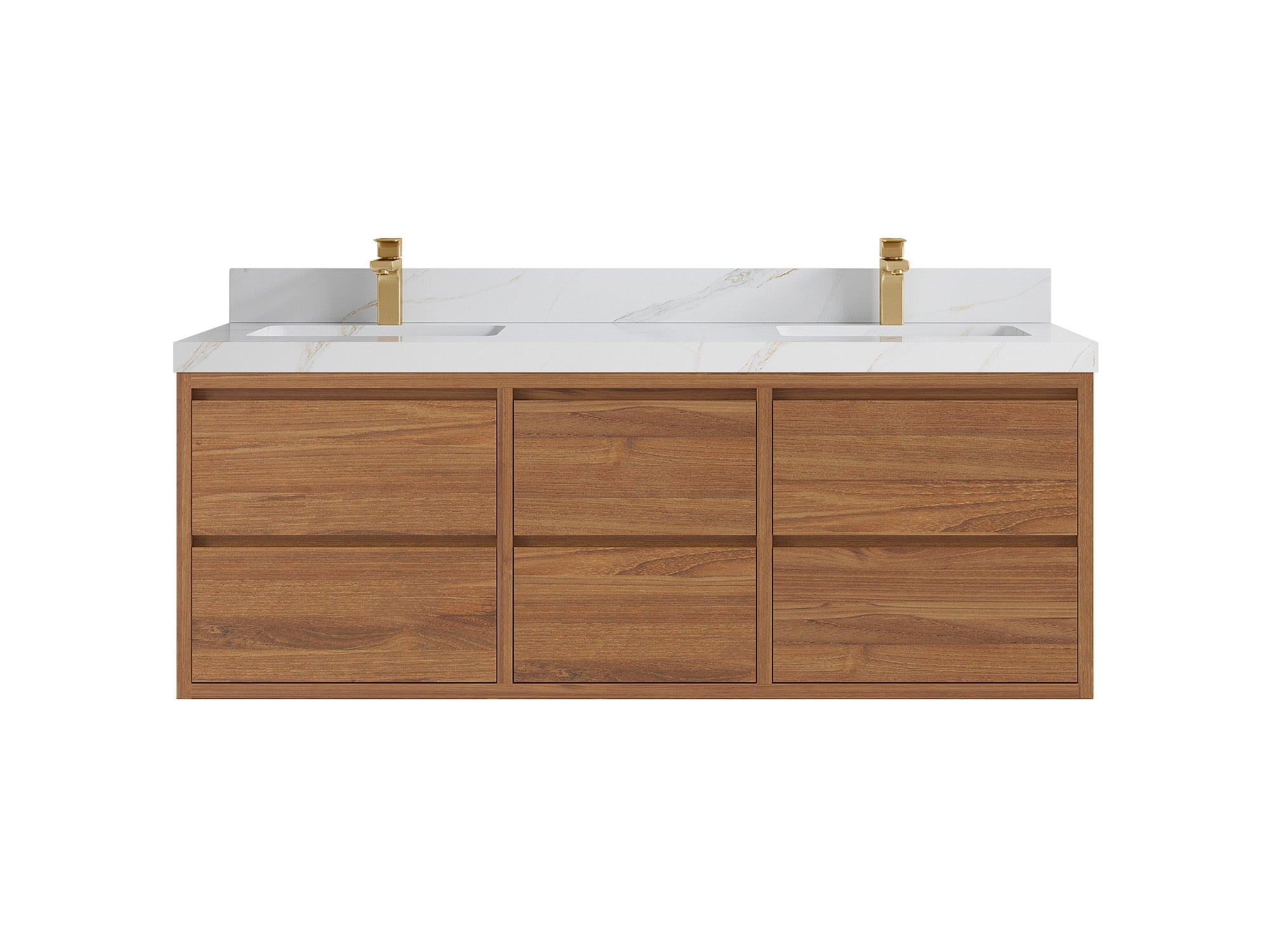 Madison Floating Teak 60 in. W x 22 in. D Double Sink Bathroom Vanity in Dark Natural with 2 in Calacatta Sienna Quartz Countertop