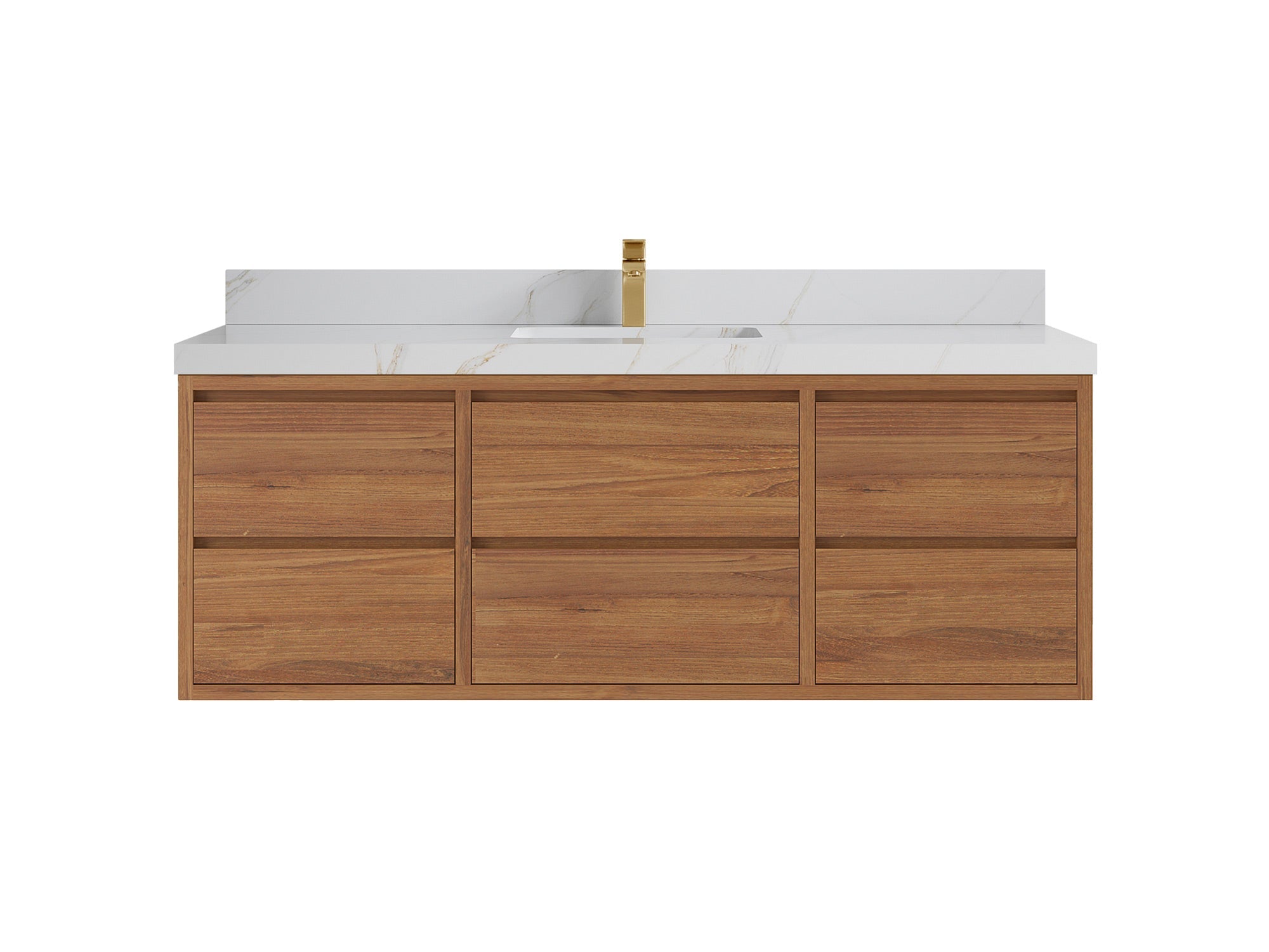 Madison Floating Teak 60 in. W x 22 in. D Single Sink Bathroom Vanity in Dark Natural with 2 in Calacatta Sienna Quartz Countertop