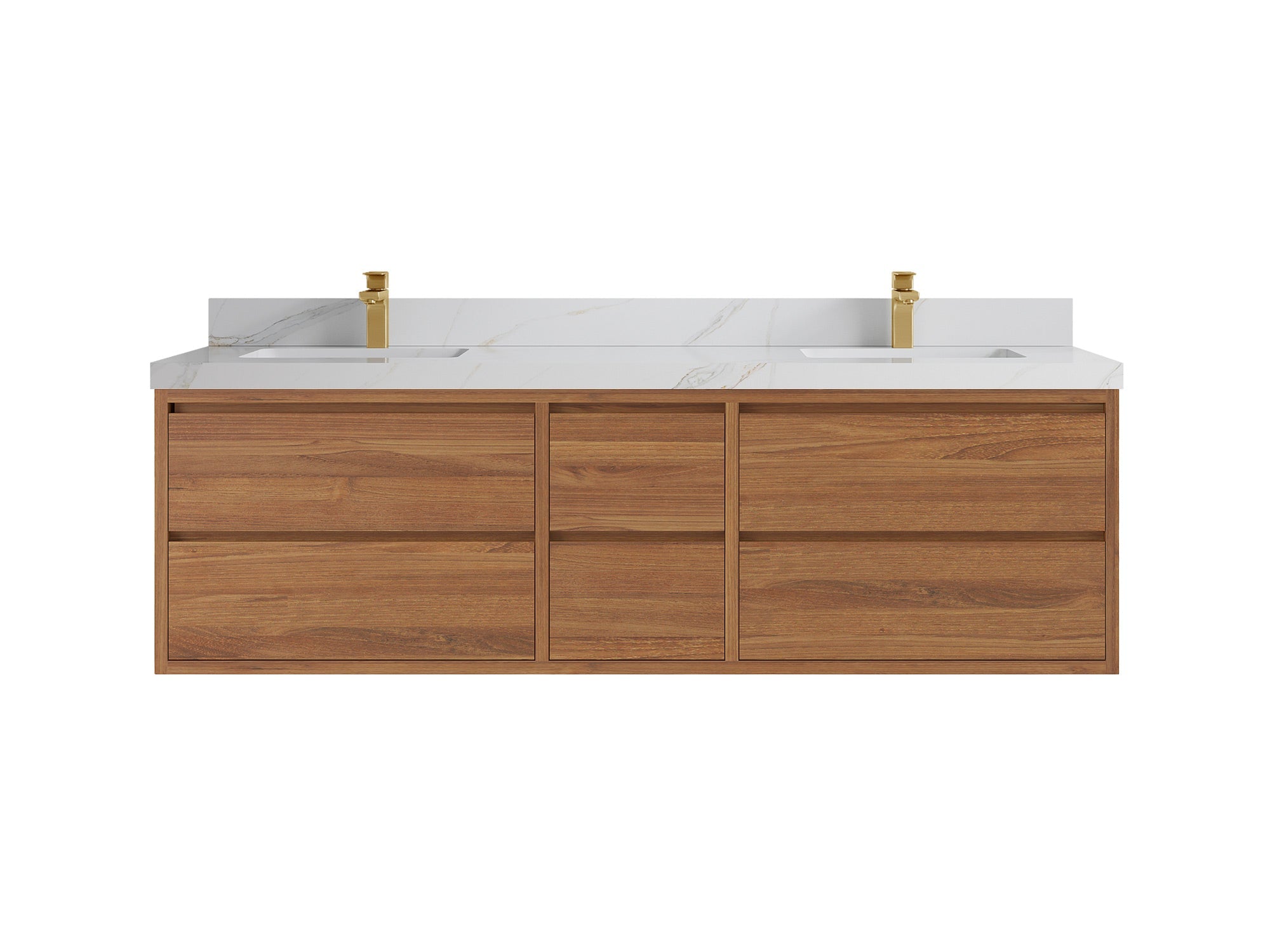 Madison Floating Teak 72 in. W x 22 in. D Double Sink Bathroom Vanity in Dark Natural with 2 in Calacatta Sienna Quartz Countertop