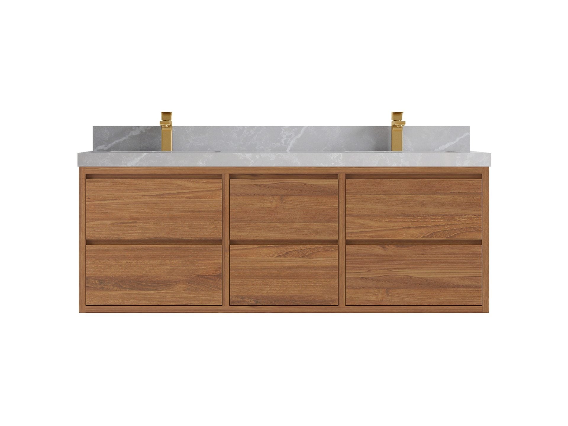 Madison Floating Teak 60 in. W x 22 in. D Double Sink Bathroom Vanity in Dark Natural with 2 in Pearl Light Gray Quartz Countertop