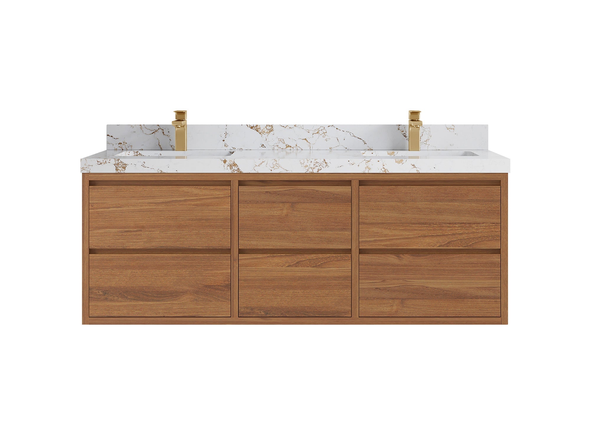 Madison Floating Teak 60 in. W x 22 in. D Double Sink Bathroom Vanity in Dark Natural with 2 in Viola Gold Quartz Countertop
