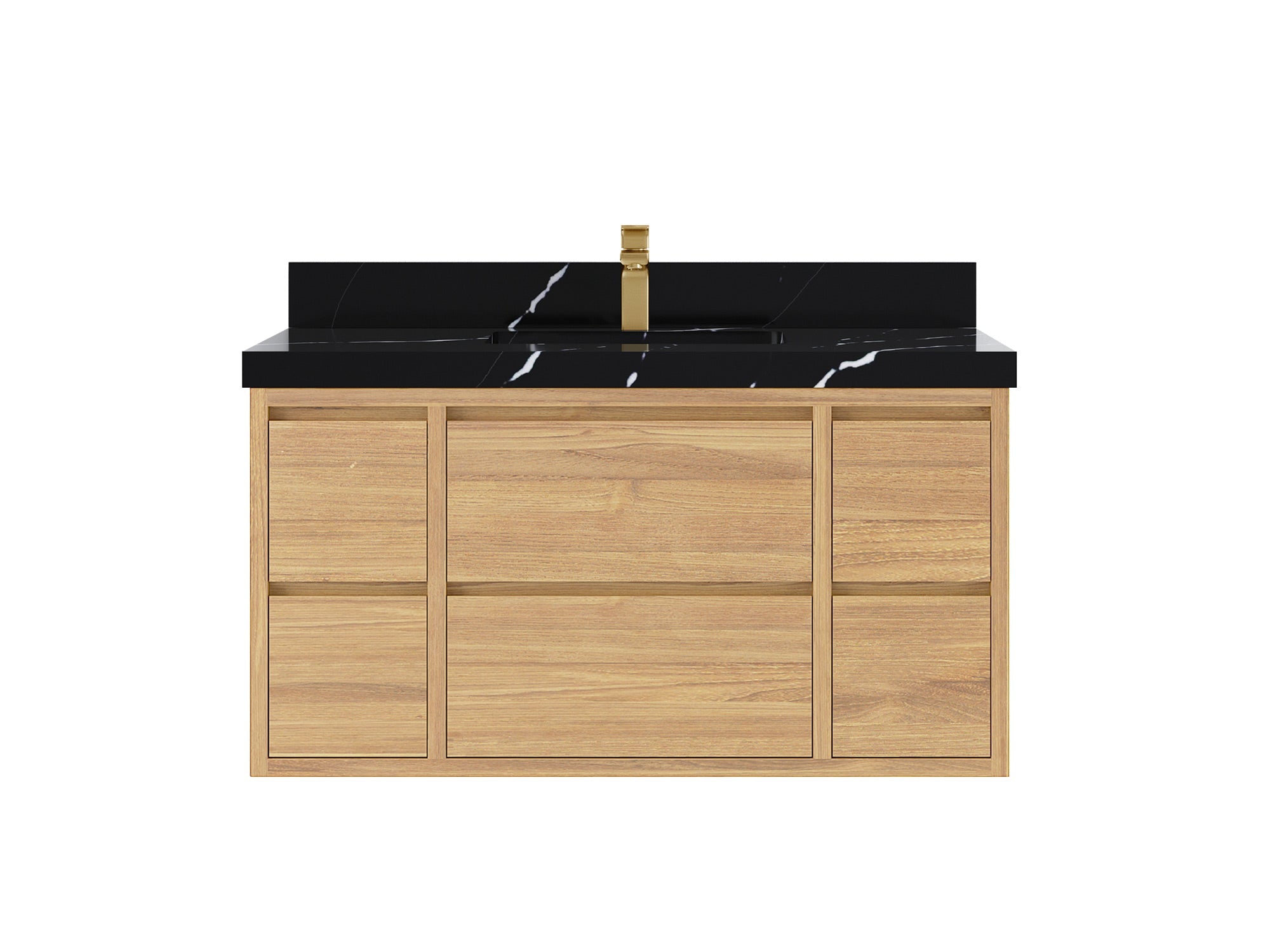 Madison Floating Teak 42 in. W x 22 in. D Single Sink Bathroom Vanity in Light Natural with 2 in Calacatta Black Quartz Countertop