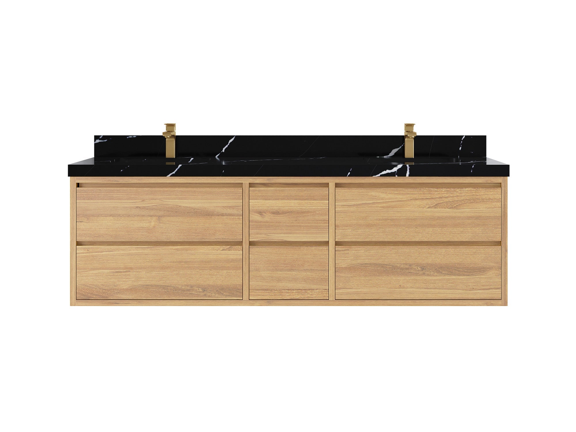 Madison Floating Teak 72 in. W x 22 in. D Double Sink Bathroom Vanity in Light Natural with 2 in Calacatta Black Quartz Countertop