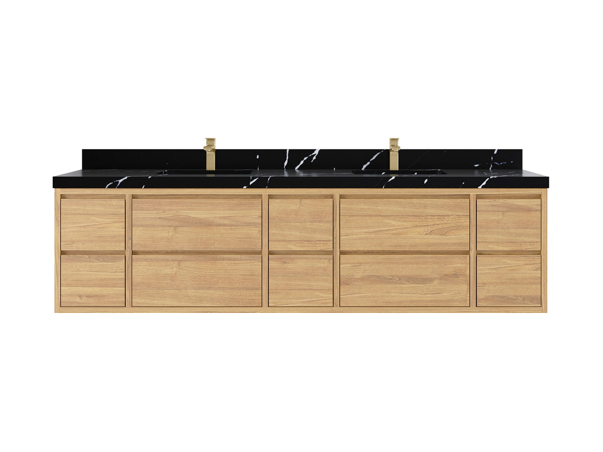 Madison Floating Teak 84 in. W x 22 in. D Double Sink Bathroom Vanity in Light Natural with 2 in Calacatta Black Quartz Countertop