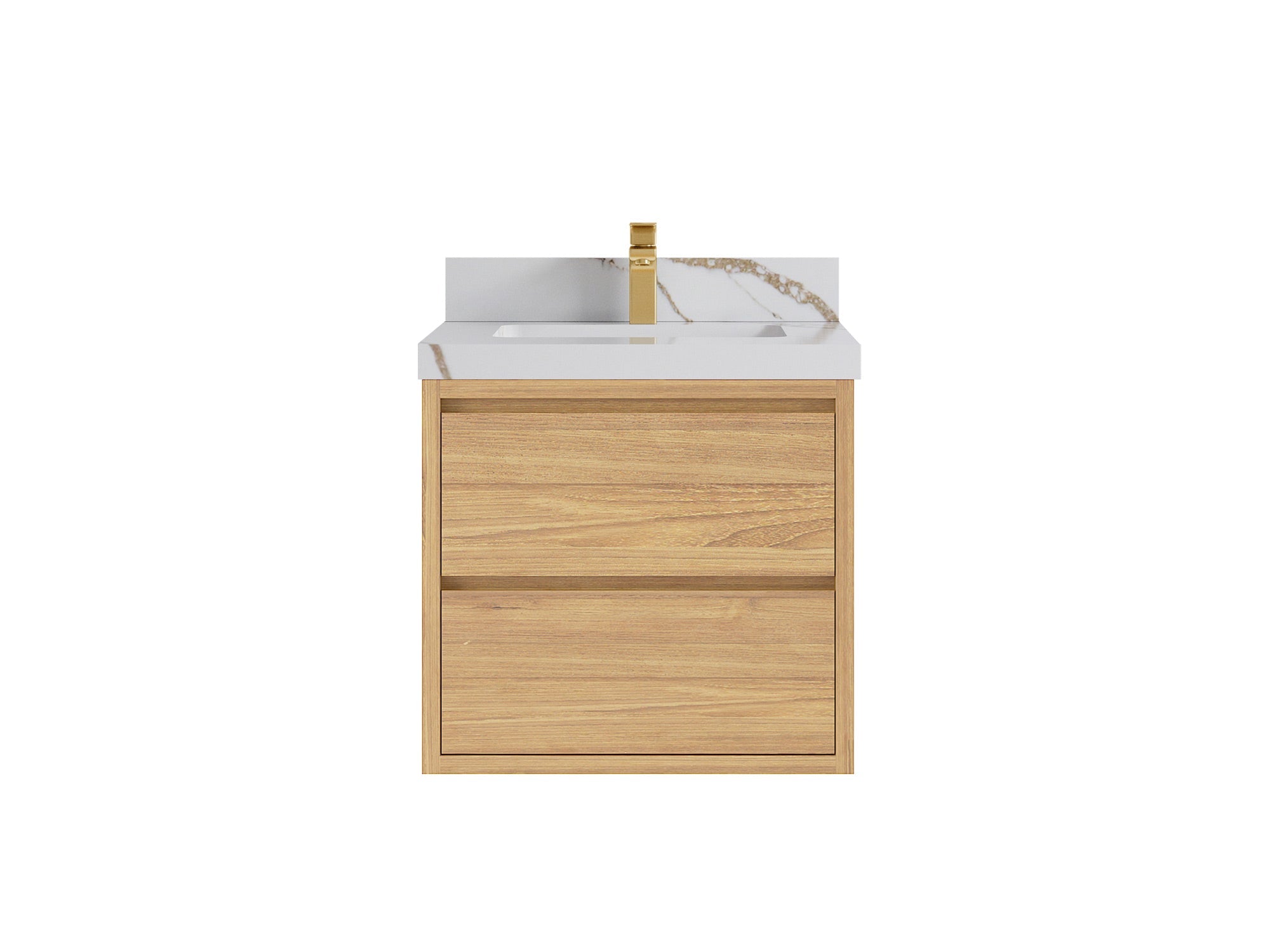 Madison Floating Teak 24 in. W x 22 in. D Single Sink Bathroom Vanity in Light Natural with 2 in Calacatta Gold Quartz Countertop