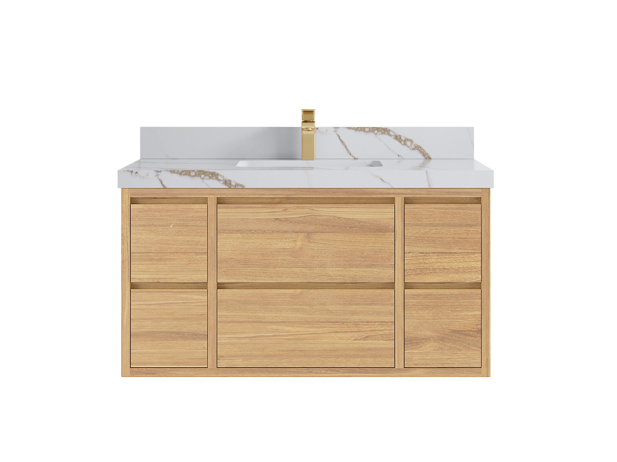 Madison Floating Teak 42 in. W x 22 in. D Single Sink Bathroom Vanity in Light Natural with 2 in Calacatta Gold Quartz Countertop