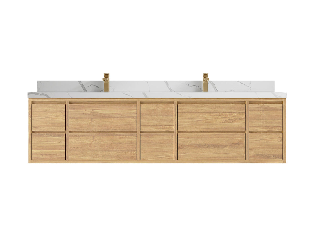 Madison Floating Teak 84 in. W x 22 in. D Double Sink Bathroom Vanity in Light Natural with 2 in Calacatta Laza Quartz Countertop