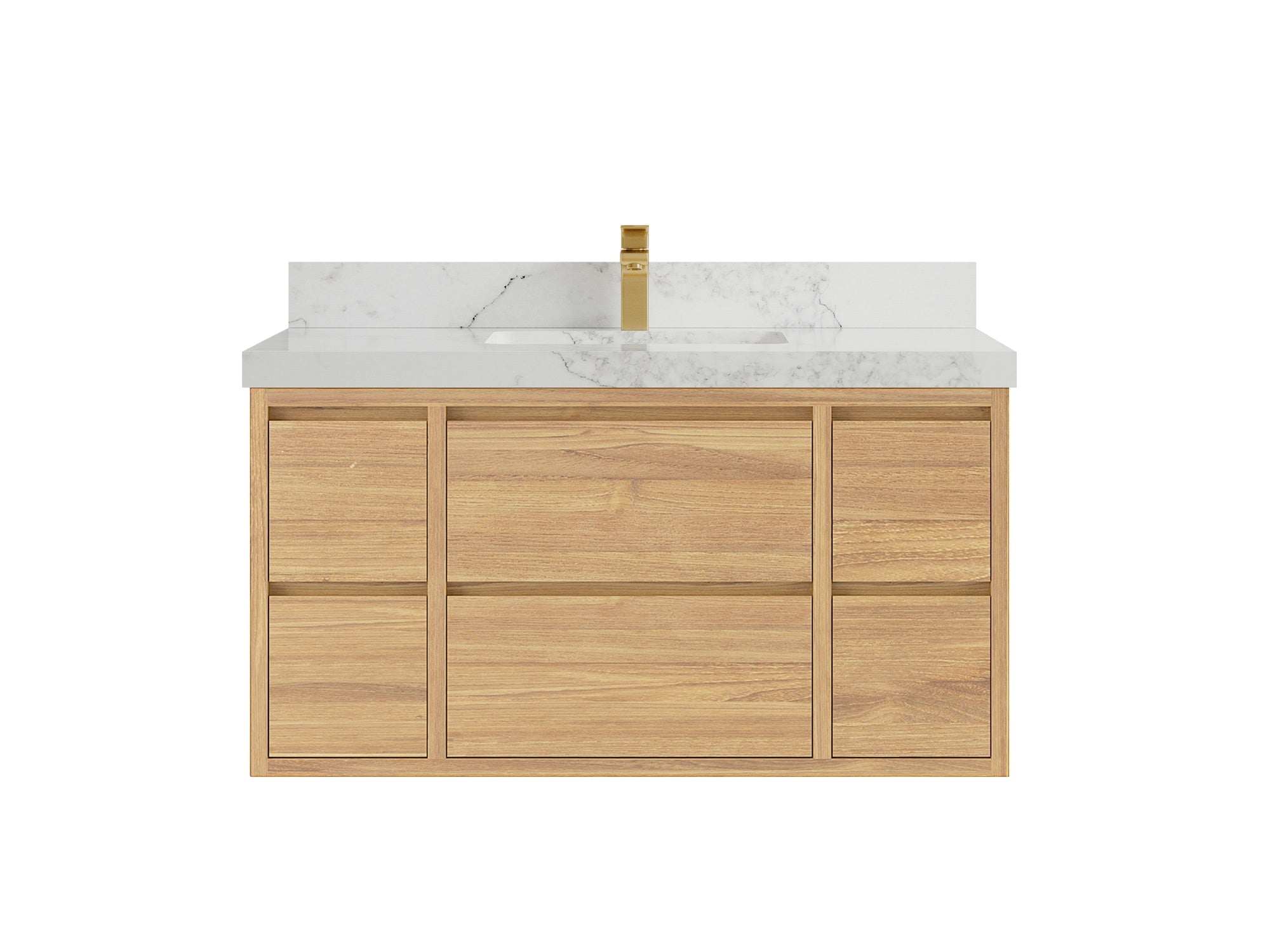 Madison Floating Teak 42 in. W x 22 in. D Single Sink Bathroom Vanity in Light Natural with 2 in Calacatta Nuvo Quartz Countertop