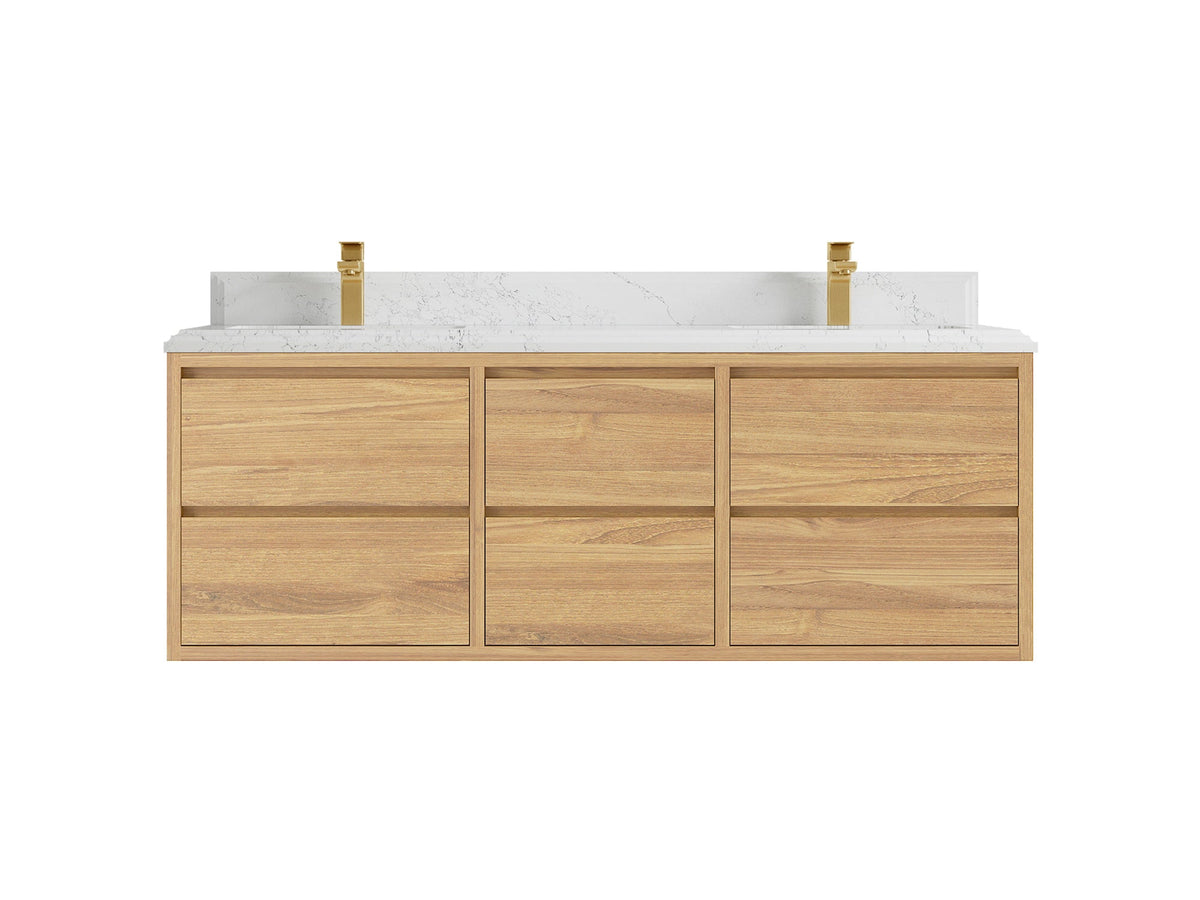Madison Floating Teak 60 in. W x 22 in. D Double Sink Bathroom Vanity in Light Natural with 1.5 in Empira White Quartz Countertop