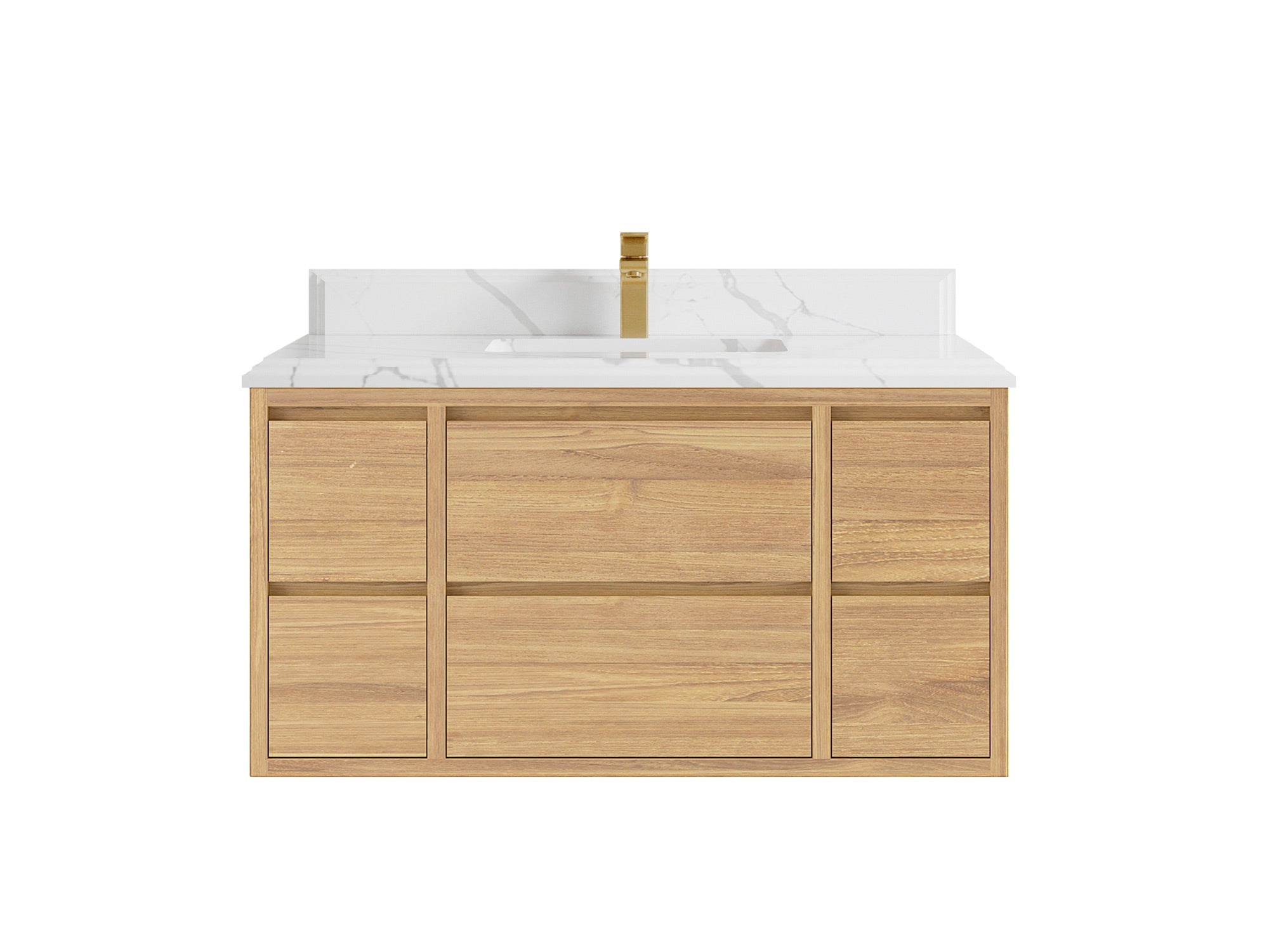 Madison Floating Teak 42 in. W x 22 in. D Single Sink Bathroom Vanity in Light Natural with 1.5 in Calacatta Laza Quartz Countertop